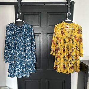 2 items. Blue long sleeve mini dress. Yellow long sleeve shirt.
